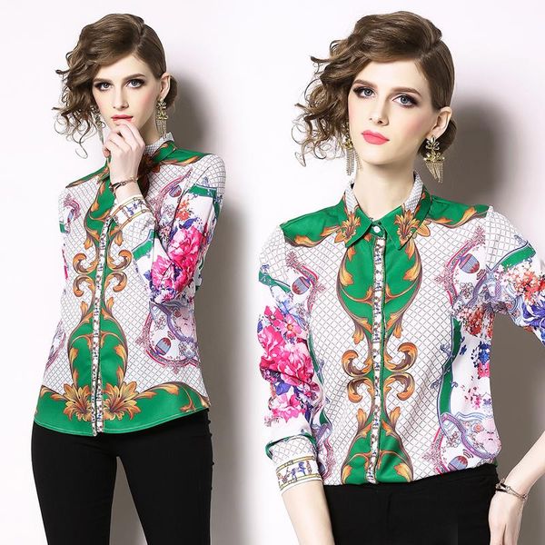 

elegant vintage fashion women spring autumn floral plaid print shirt office lady turn down collar long sleeve blouses women's & shirts, White