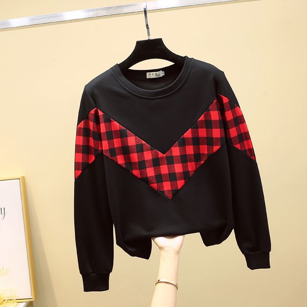 

autumn women's o neck long sleeves plaid patchwork pullover casual girls ladies hoodies sweatershirt a3994 210428, Black;gray