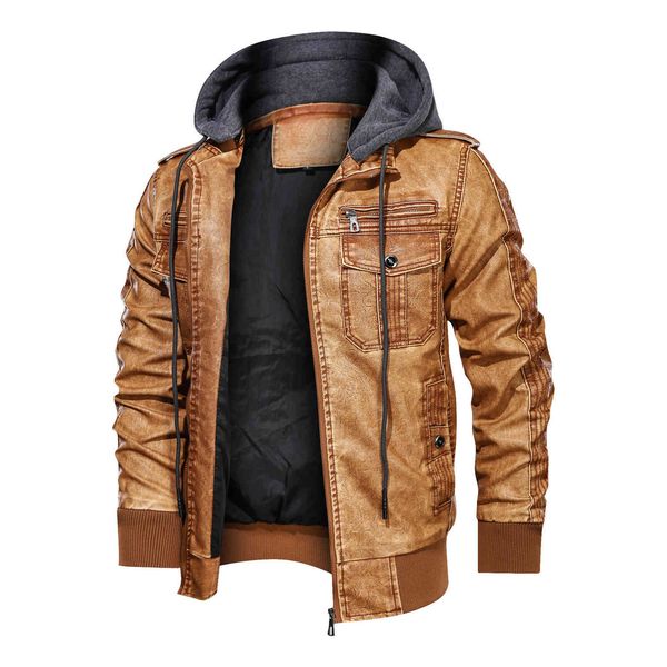 

fashion leather autumn and winter men's detachable hooded 3d washed pu coat large, Black