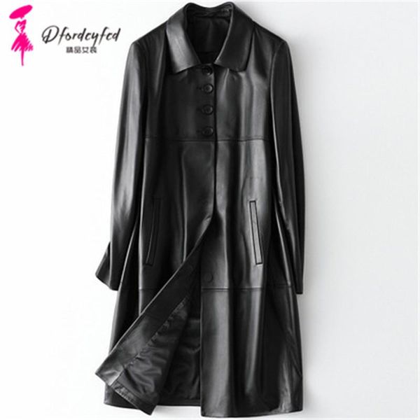 

women's leather & faux 2021 spring and autumn sheepskin jacket fashion casual long windbreaker t224, Black