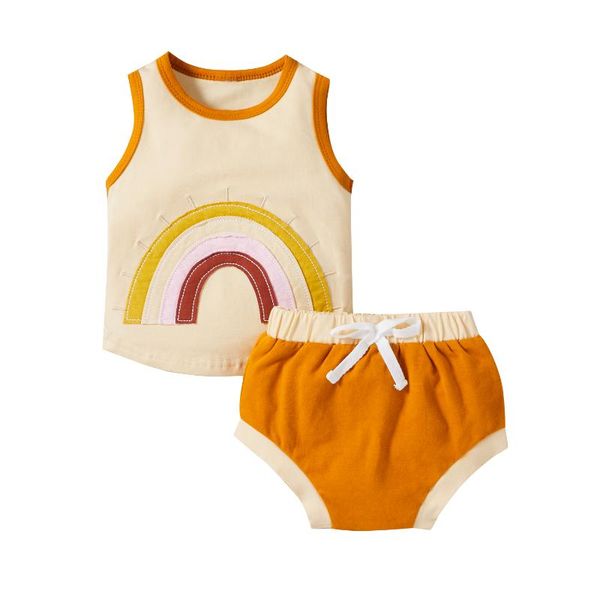 

pudcoco born baby girl clothes rainbow printed pattern round collar vest shorts babies casual two-piece set clothing sets, White