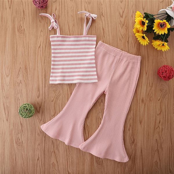 

2021 new design good quality factory price fashion selling childrens striped suspenders pink flared pants two-piece suit, White