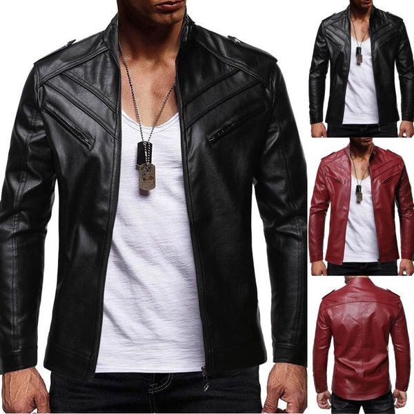 

men's jackets stand collar zipper pockets male vintage pu coatscasual winter warm blouse thickening coat outwear jacket, Black;brown