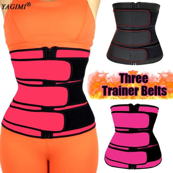 

women's shapers yagimi 3 belt neoprene waist trainer body shaper corset for women workout fat burning cincher trimmer skims girdles, Black;white