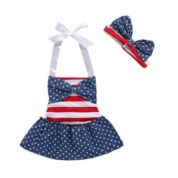 

independence day baby girl tie up star stripe print halterneck tank skirt, bowknot clothing sets, White