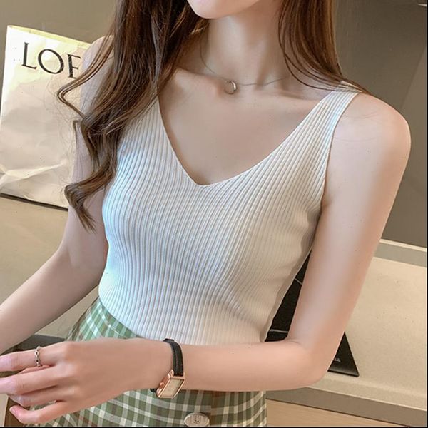 

korean fashion halter womens cami ice silk v neck camis plus size woman knitted tees, White