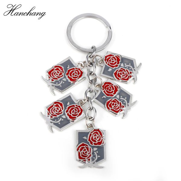 

anime attack on titan wings of liberty red rose figures toys pendant keychain shingeki cosplay men car keyrings jewelry, Silver