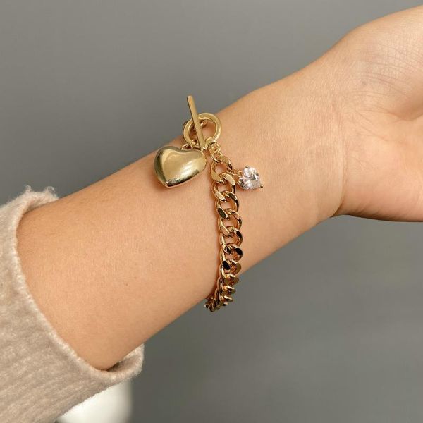 

link, chain 14k real gold plated miani cuban bracelet heart zircon charm smooth pendant bangle bracelets, Black