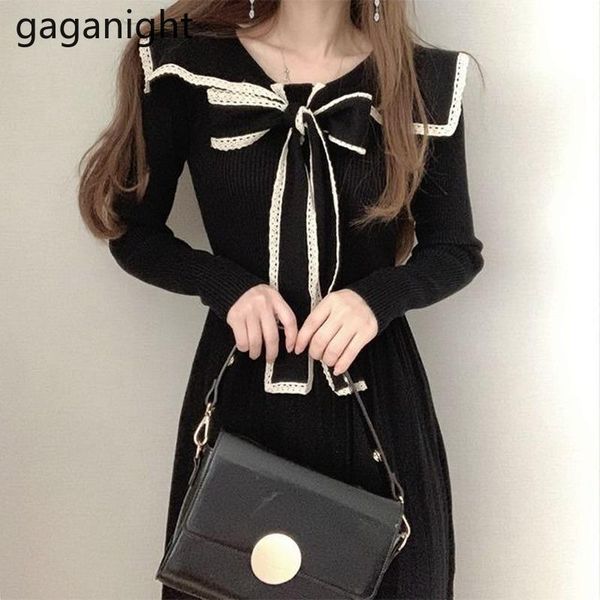 

casual dresses gaganight knittd women bow lace bodycon dress long sleeves party bottom office lady elegant vestidos all winter 2021, Black;gray