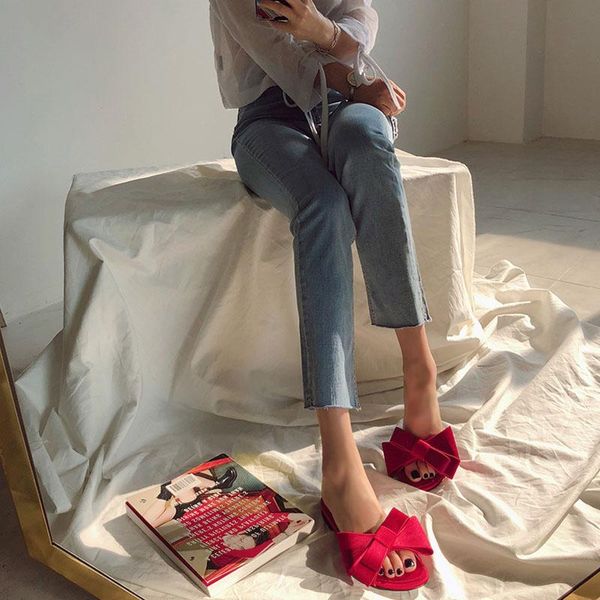 

fashion flat sandals and slippers korean summer bow satin face high heel round head thick half, Black