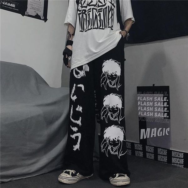 

japanese harajuku anime wide hippie womens capri streetwear black sweatpants korean style large size trousers, Black;white