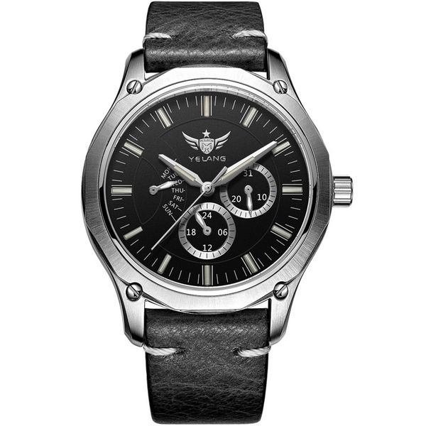 

t100 tritium watch,men quartz wrist watches yelang luminous man waterproof relogio mens sport wristwatch v1027 - leather strap, Silver