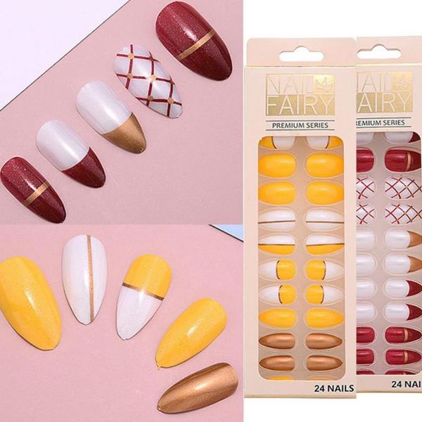 

false nails 50% 24pcs/box nail patch exquisite fadeless resin diy fingernail pieces for women, Red;gold