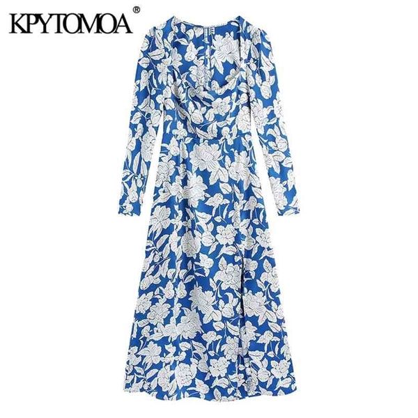 

women chic fashion floral print front slit midi dress vintage square collar long sleeve female dresses mujer 210421, Black;gray