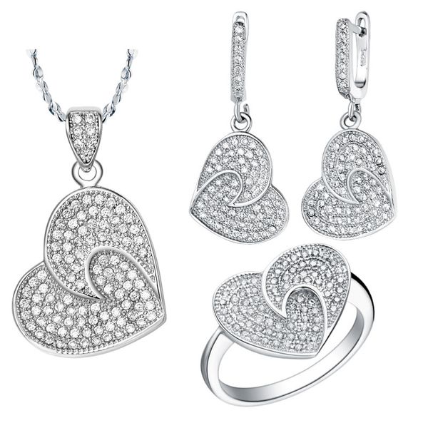 

new arrivals wedding jewelry set 925 silver plated white crystal pendant necklace ring earring sets with twin heart design, Slivery;golden