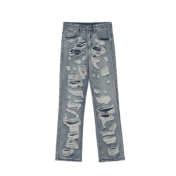 

men's jeans high street straight barrel washing, worn and damaged fake broken jeans, Blue