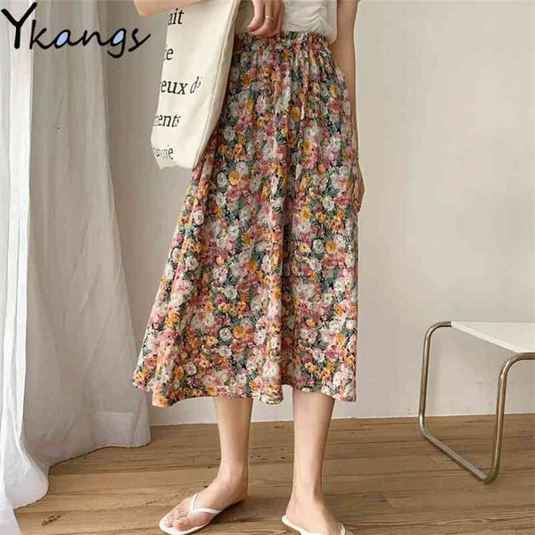

women's high-waisted mind temperament spring summer lady korean fashion style slim floral printing a-line long skirts 210421, Black