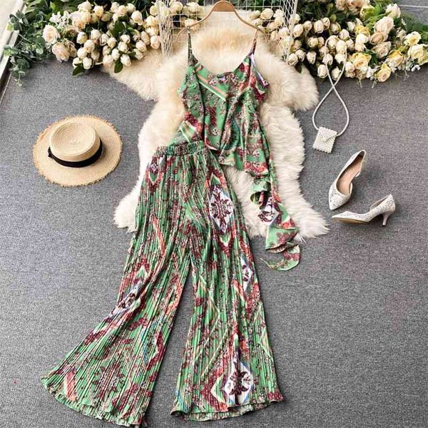 

fashion temperament european american style suit two-piece ruffled sling + pleated wide-leg pants c292 210507, White