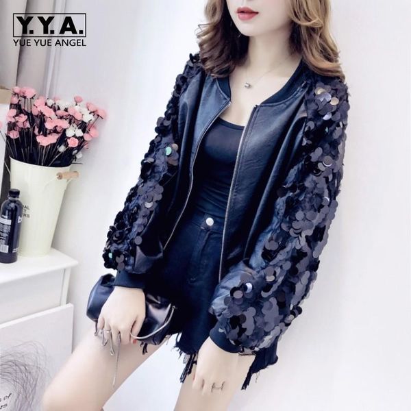 

women's jackets designer loose fit sequins womens faux leather long sleeve o-neck zip female pu casual coats streetwear, Black;brown