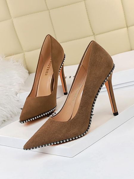 

dress shoes female thin ultra-high documentary show suede shallow metal chain pointed mouth, Black