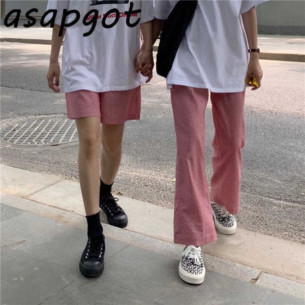 

loose couple plaid shorts summer wild high waist casual straight wide leg girlfriend women men pantalones cortos de mujer 210610, White;black