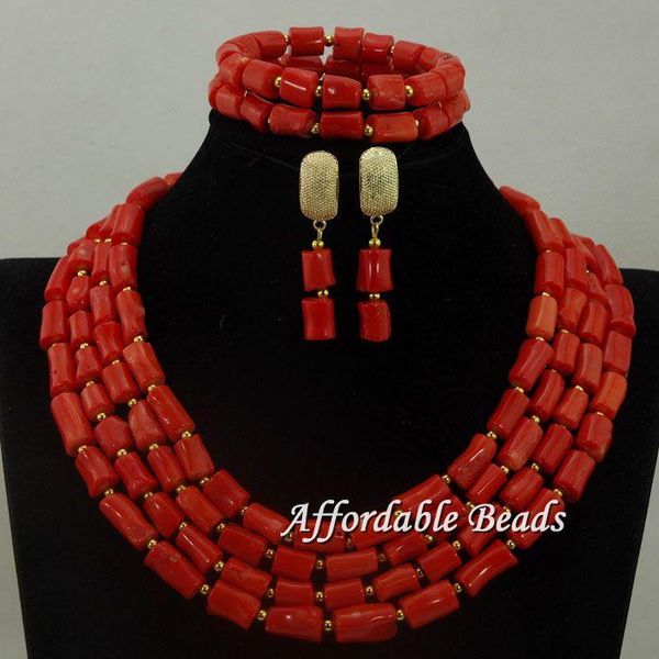 

earrings & necklace 2021 latest red coral nigerian beads jewelry set statement african for wedding hx014, Silver
