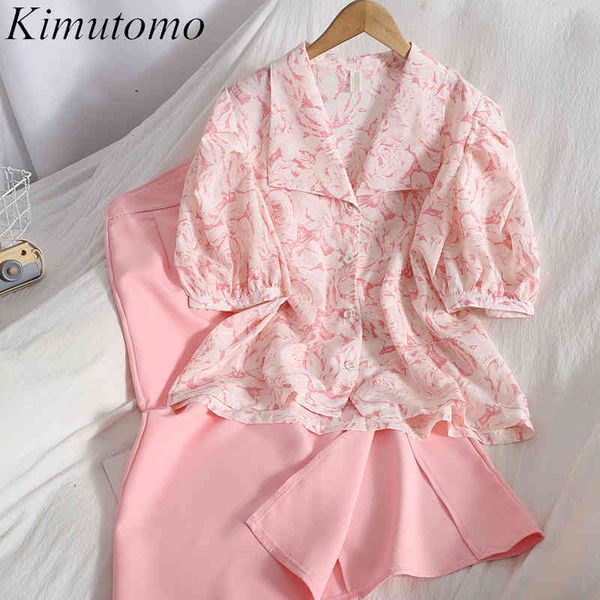 

kimutomo women sweet set korean style single breasted floral print short sleeve shirt + split solid bodycon skirt two piece set 210521, White