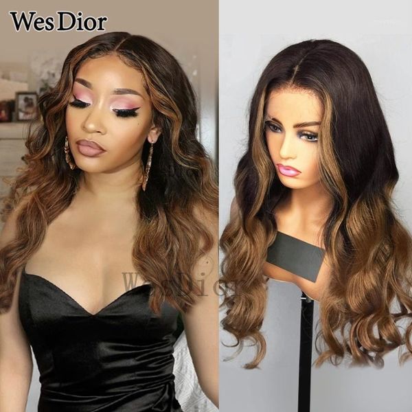 

body wave lace front human hair wigs for black women 13x4 brown highlight preplucked brazilian 4x4 wig remy density1801, Black;brown