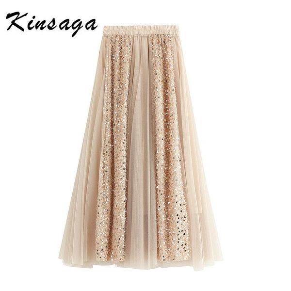

skirts spring summer women long sequin pleated a-line skirt female elegant elastic high waist tulle mesh jupe femme falda, Black