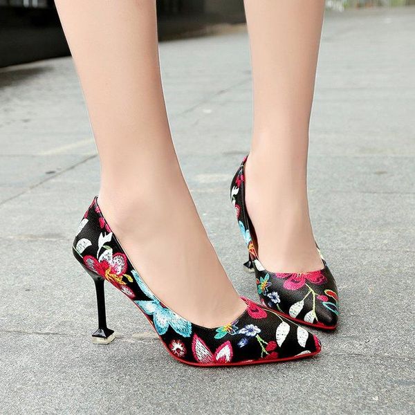 

dress shoes 2021 women pointed toe pumps ethnic print leisure high heels boat wedding tenis feminino size34-39, Black