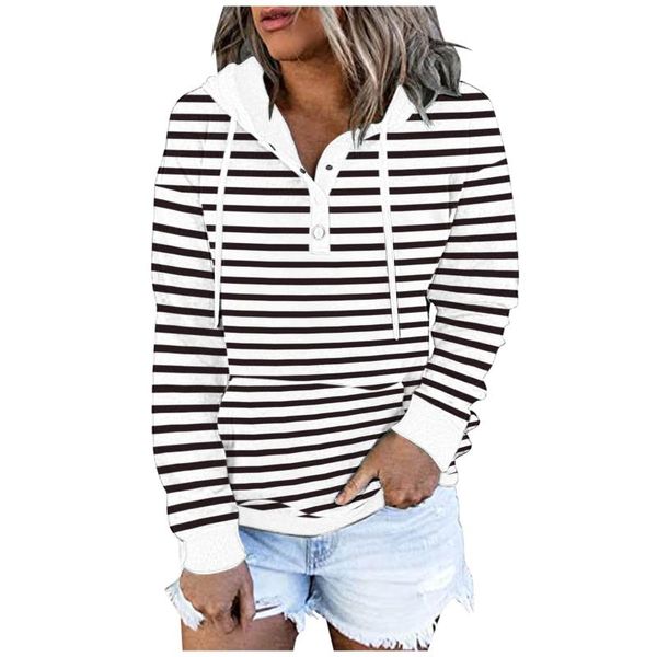 

women's hoodies & sweatshirts 40# striped print hooded sweatshirt women autumn button down drawstring hoodie long sleeve pocket casualÂ, Black