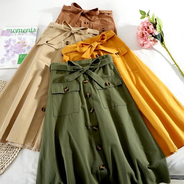 

skirts temperament single-breasted pockets cotton medium-length summer women's bow lace-up buttons a-line below knee, Black