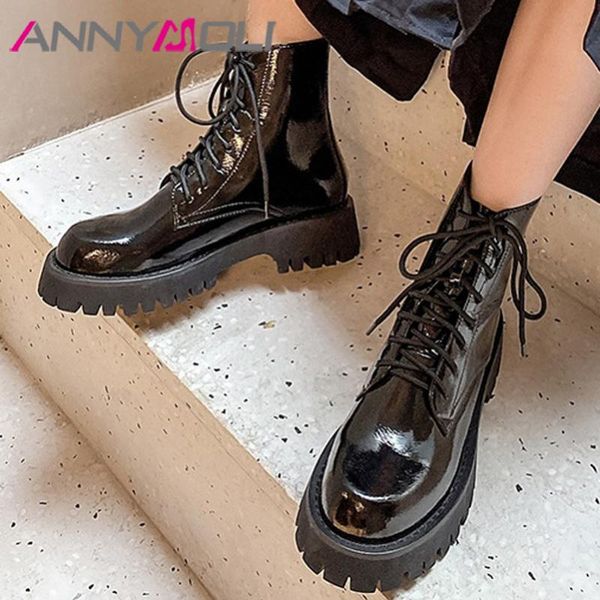 

boots annymoli motorcycle women real leather ankle platform flat shoes lace up short female autumn black size 33-40