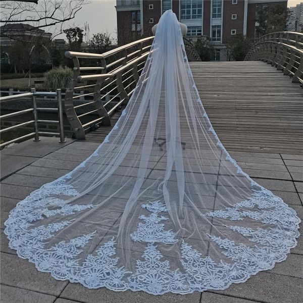 

bridal veils real pos 4 metres single layer cathedral long luxury lace edge tulle wedding with comb for brides 1t 3 5 m, Black