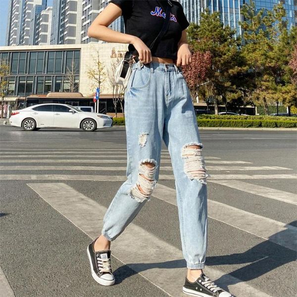 

women's jeans women loose harem pants denim female hole ripped high waist crop tumblr streetwear simple trendy for 90s yong girl, Blue