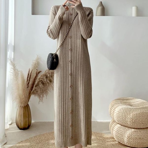

casual dresses 2021 straight tube pit stripe sweater maxi dress autumn winter korean fashion button knitted vintage vestido, Black;gray