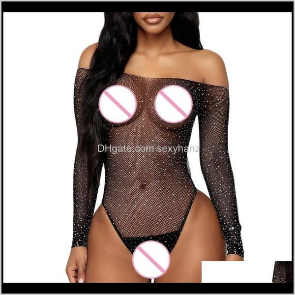 Jumpsuits Damenbekleidung Bekleidung Drop Lieferung 2021 Sommer Fishnet Strass Strampler Overall Mesh Playsuit Black Lace Bodysuit Sexy Frauen B