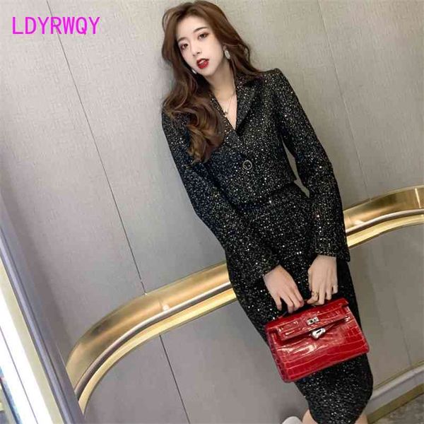 

ladies and gentlemen's temperament suit autumn winter plaid short coat women's high waist half skirt two sets 210603, White