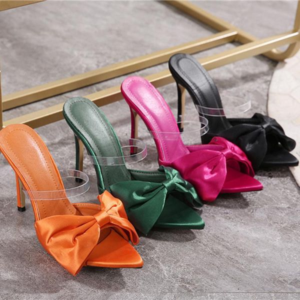 

luxury design slides women 11.5cm high heels pointed toe mules fetish summer sandals lady slipper bowknot stripper shoes slippers, Black