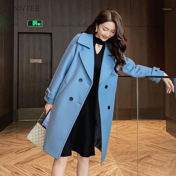 

women's wool & blends women elegant double breasted simple solid pockets all-match leisure korean style ulzzang long sleeve womens coat, Black