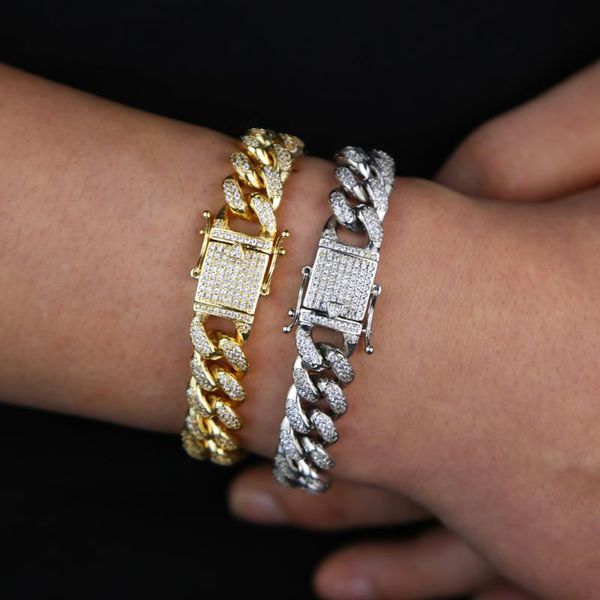 

link, chain 12mm gold plated hip hop iced out cz stones miami cuban link bracelet for men and women, Black