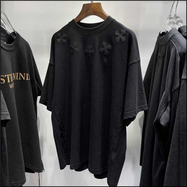 

correct ch sanskrit print short t-shirt leather cross embroidery loose half sleeve men's and women's 21 new4b69, White;black
