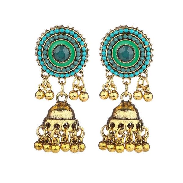 Orecchini indiani da donna retrò Jhumka campanelle d'oro nappa lega verde rotondo orecchini pendenti Boemia Thailandia gioielli Brincos