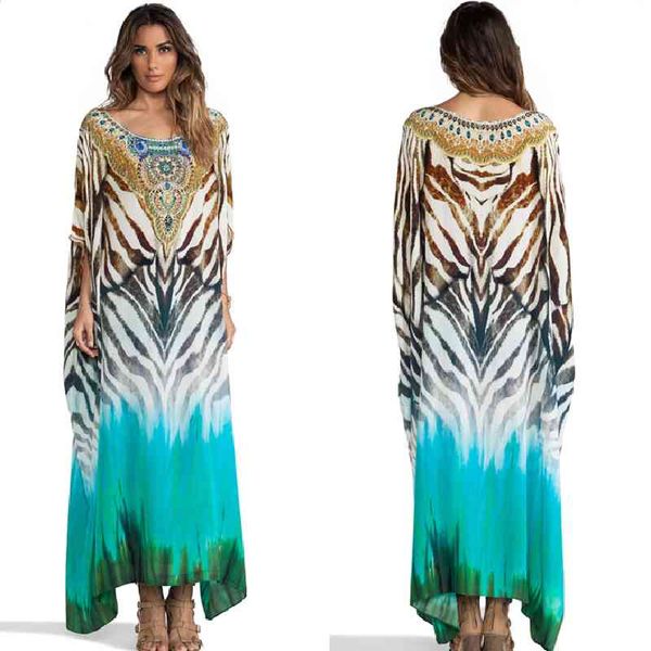 Bikini-Vertuschungen Frauen Plus Size Beach Wear Marokkanischer Kaftan Böhmisches bedrucktes langes Sommerkleid Boho-Badebekleidung Cover Up Q1074 210420