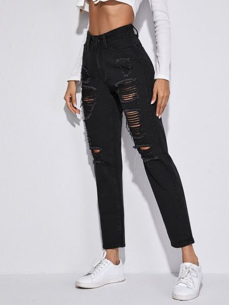 

high waist ripped straight leg jeans v8gp#, Blue