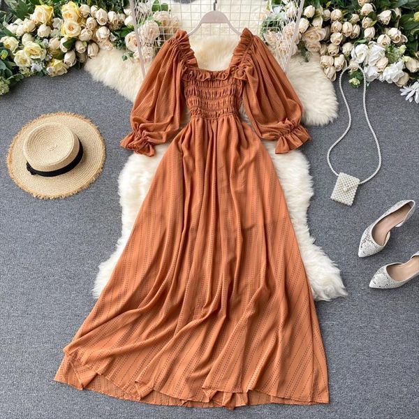 

summer square collar wooden ear women dresses bubble sleeve korean style waist slim chiffon female ll087, Black;gray