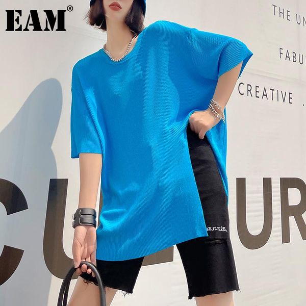 

women's t-shirt [eam] women blue big size casual asymmetrical slit knitting round neck short sleeve fashion spring summer 2021 1dd7980, White