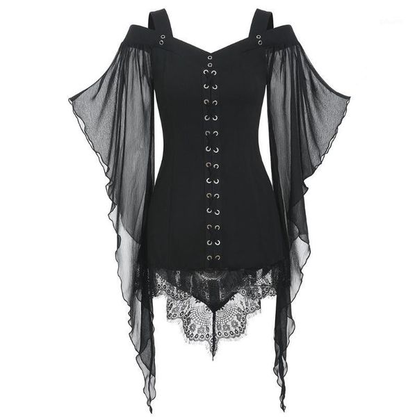 

tunic women long sleeve gothic criss cross lace insert butterfly shirt plus size blusas mujer de moda women's t-shirt, White