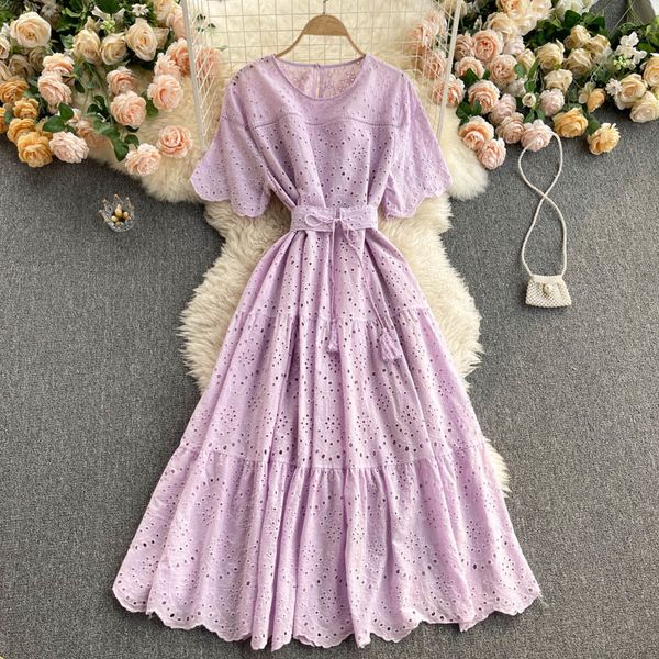 

singreiny women hollow ruffles dress korean short sleeve o neck solid a-line dresses summer boho fashion streetwear midi dress 210419, Black;gray
