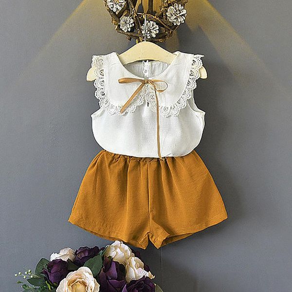 

summer -selling children's clothing fashion girl set lace doll collar and chiffon skirt 2 3 4 5 6y sets, White